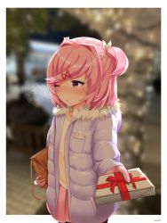 Rule 34 | 1girl, absurdres, alternate costume, bag, blurry, blurry background, blush, coat, commentary, doki doki literature club, down jacket, english commentary, gift, gloves, highres, jacket, looking away, natsuki (doki doki literature club), one eye closed, pink eyes, pink hair, pov, sascha517, short hair, solo, winter clothes, winter coat