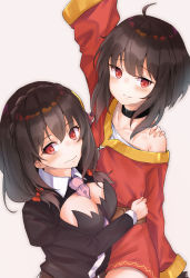 2girls absurdres age_difference between_breasts blush breasts child highres kono_subarashii_sekai_ni_shukufuku_wo! large_breasts looking_at_viewer looking_away m.tokotsu megumin messy_hair multiple_girls necktie necktie_between_breasts onee-loli red_eyes red_ribbon ribbon skirt wavy_mouth yunyun_(konosuba) yuri