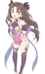 Rule 34 | 1girl, :o, aged down, bare shoulders, black panties, blade (galaxist), blush, boots, brown hair, brown ribbon, collarbone, commentary request, cosplay, detached sleeves, dress, earrings, fate/grand order, fate (series), full body, hair ribbon, hands on own hips, ishtar (fate), jewelry, kama (fate), kama (fate) (cosplay), kama (second ascension) (fate), long hair, long sleeves, looking at viewer, open mouth, panties, parted bangs, purple dress, purple footwear, purple sleeves, purple thighhighs, red eyes, ribbon, see-through, simple background, sleeveless, sleeveless dress, sleeves past wrists, solo, standing, thigh boots, thighhighs, two side up, underwear, very long hair, white background