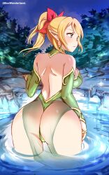 Rule 34 | 1girl, absurdres, artist name, ass, ayase eli, backless leotard, bare back, bare shoulders, blonde hair, blue eyes, blush, box wonderland, breasts, detached sleeves, elf, hair ornament, highres, huge ass, large breasts, leotard, long hair, looking to the side, love live!, love live! school idol project, outdoors, parted lips, pointy ears, ponytail, solo, thighs, wading, water