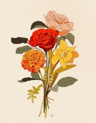Rule 34 | bouquet, commentary, daffodil, english commentary, flower, flower focus, highres, leaf, libbyframe, marigold, no humans, orange flower, original, pink flower, pink rose, plant, red flower, red rose, rose, signature, simple background, still life, twig, yellow flower
