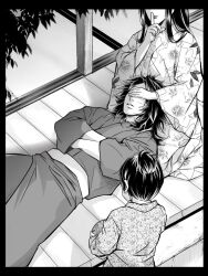 Rule 34 | 1girl, 2boys, ball, border, child, covered eyes, day, extra, father and son, finger to mouth, from above, greyscale, hand over another&#039;s eyes, hand up, happy, head out of frame, holding, holding ball, husband and wife, index finger raised, japanese clothes, kimetsu no yaiba, kimono, lap pillow, long hair, long sleeves, lying, monochrome, mother and son, multiple boys, on back, on floor, seiza, shushing, sitting, sleeping, smile, sunlight, tagimane01, tatami, temari ball, topknot, tsugikuni michikatsu, veranda, wooden floor