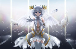 Rule 34 | 1girl, bare shoulders, blue eyes, breasts, broken, character name, cleavage, cleavage cutout, clothing cutout, copyright name, cowboy shot, crown, date a live, dress, elbow gloves, frown, gloves, hand on own chest, highres, liht, looking at viewer, open mouth, outstretched hand, reaching, reaching towards viewer, reflection, shards, short hair, silver hair, sleeveless, sleeveless dress, small breasts, solo, thighhighs, tobiichi origami, veil, white dress, white thighhighs