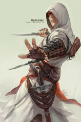 Rule 34 | 1boy, altair ibn la-ahad, assassin&#039;s creed, assassin&#039;s creed (series), belt, blade, character name, concealed weapon, copyright name, fingerless gloves, gloves, hidden blade (assassin&#039;s creed), hood, knife, male focus, pouch, reverse grip, sash, scar, serious, sheath, sheathed, signature, simple background, solo, sword, vambraces, virus-ac74, watermark, weapon, web address