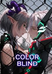 Rule 34 | 2girls, apricot the lich, black gloves, black jacket, blush, breast press, chain-link fence, cleavage cutout, clothing cutout, demon girl, demon horns, detached sleeves, english text, fence, fishnets, gloves, green eyes, green nails, grey hair, hair behind ear, hand on another&#039;s neck, headset, highres, horns, jacket, looking at another, mochimochi 589, multiple girls, multiple horns, parted lips, pointy ears, profile, purple horns, rain, short hair, sidelocks, virtual youtuber, vshojo, white hair, yellow eyes, zentreya, zentreya (cyborg), zentreya (cyborg) (1st costume)