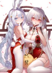 Rule 34 | + +, 2girls, absurdres, ahoge, animal ears, ass, azur lane, back, bare shoulders, blue eyes, blush, braid, breasts, calligraphy brush, choker, cleavage, clothes writing, dress, elbow gloves, fake animal ears, garter straps, gloves, hair between eyes, half gloves, highres, large breasts, le malin (azur lane), leon v, long hair, looking at viewer, looking back, multiple girls, open mouth, paintbrush, pantyhose, rabbit ears, red dress, red eyes, short hair, single braid, sirius (azur lane), sitting, skindentation, small breasts, thighhighs, thighlet, thighs, twin braids, very long hair, wariza, white choker, white garter straps, white gloves, white hair, white pantyhose, white thighhighs