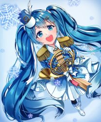 Rule 34 | 1girl, absurdly long hair, absurdres, aqua eyes, aqua hair, artist name, artist request, band uniform, beamed eighth notes, black pantyhose, blue eyes, blue hair, blue hat, blue ribbon, boots, breasts, collar, collared shirt, confetti, eighth note, epaulettes, feathers, female focus, foreshortening, from above, full body, gloves, hair ornament, hairclip, hat, hat feather, hatsune miku, highres, holding, holding instrument, horn ornament, horns, instrument, long hair, long sleeves, looking at viewer, mini hat, miniskirt, musical note, pantyhose, parted lips, quarter note, red ribbon, ribbon, shirt, sidelocks, skirt, small breasts, smile, snowing, solo, standing, twintails, uniform, very long hair, vocaloid, white collar, white feathers, white footwear, white gloves, white ribbon, white skirt, x hair ornament, yuki miku, yuki miku (2020)