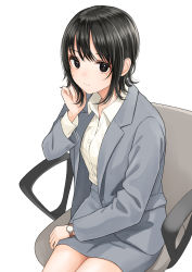 Rule 34 | 1girl, a sore pon desu!, black eyes, black hair, breasts, chair, closed mouth, collared shirt, commentary request, dress shirt, formal, grey jacket, grey skirt, hand up, highres, jacket, kentaurosu, long sleeves, looking at viewer, office chair, on chair, open clothes, open jacket, shirt, short hair, simple background, sitting, skirt, skirt suit, small breasts, solo, suit, swivel chair, white background, white shirt