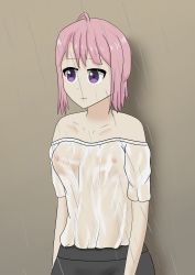 Rule 34 | 1girl, absurdres, ahoge, arucaxis, bare shoulders, breasts, closed mouth, collarbone, female focus, highres, medium breasts, nipples, original, pink hair, purple eyes, rain, see-through, see-through shirt, shirt, smile, upper body, wet, wet clothes, wet shirt