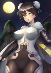 Rule 34 | 1girl, :d, blush, bodysuit, breasts, brown bodysuit, brown gloves, brown hair, bun cover, cape, chinese clothes, commentary request, covered navel, double bun, elbow gloves, fate/grand order, fate (series), fingerless gloves, fingernails, full moon, gloves, green eyes, hair between eyes, hair bun, head tilt, highres, holding, large breasts, long hair, looking at viewer, moon, night, night sky, open mouth, outdoors, qin liangyu (fate), round teeth, side bun, sidelocks, sky, smile, solo, star (sky), starry sky, teeth, upper teeth only, white cape, yayoi maka