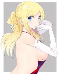 Rule 34 | 1girl, arm up, backless outfit, blonde hair, blue eyes, blush, border, breasts, dress, elbow gloves, from side, gloves, grey background, half updo, halterneck, hand in own hair, hand up, large breasts, light smile, long hair, looking at viewer, mole, mole on breast, nekoume, original, outside border, parted lips, ponytail, red dress, sideboob, sidelocks, simple background, smile, solo, swept bangs, upper body, white border, white gloves