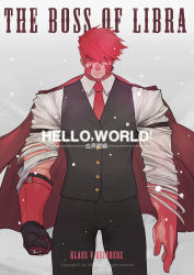 Rule 34 | 1boy, black pants, black vest, blood, blood on face, english text, fangs, feet out of frame, formal, glasses, highres, jacket, jacket on shoulders, kekkai sensen, klaus von reinhertz, long sideburns, looking at viewer, male focus, mature male, muscular, muscular male, mutton chops, necktie, pants, red hair, shirt, short hair, sideburns, solo, straight-on, tiger-league, torn clothes, torn shirt, vest