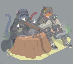 Rule 34 | 19vodnik, 2girls, absurdres, ammunition pouch, animal ears, beret, binoculars, bipod, cat ears, cat girl, cat tail, cloak, ear protection, glasses, glint, gloves, grass, gun, hat, highres, holding, holding weapon, multiple girls, original, pouch, rifle, sitting, smoke, smoking barrel, sniper rifle, tail, tree stump, weapon