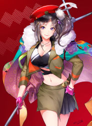 Rule 34 | 1girl, black hair, black shirt, black skirt, breasts, bustier, cleavage, coat, coat on shoulders, crop top, cropped jacket, fur-trimmed coat, fur trim, gloves, green skirt, hair ornament, hairclip, hand on own hip, haniwa (refuge), hat, hayase sou, highres, holding, holding weapon, jacket, jewelry, large breasts, long hair, long sleeves, looking at viewer, midriff, military jacket, miniskirt, navel, necklace, nijisanji, open clothes, open jacket, peaked cap, pink gloves, pleated skirt, red background, red hat, shirt, side ponytail, skirt, smile, solo, stomach, tilted headwear, twitter username, two-tone skirt, virtual youtuber, weapon