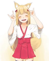 Rule 34 | 1girl, animal ears, bad id, bad pixiv id, blonde hair, blush, breasts, double fox shadow puppet, eyebrows, closed eyes, flat chest, fox ears, fox shadow puppet, fox tail, hair ornament, hand gesture, hand up, japanese clothes, kimono, long hair, open mouth, oshiro project:re, oshiro project:re, ribbon, senko (oshiro project), simple background, skirt, small breasts, smile, solo, standing, tail, teeth, thighhighs, torii, torii hair ornament, upper teeth only, very long hair
