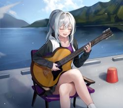 Rule 34 | 1girl, :d, bad id, bad pixiv id, bare legs, black jacket, black skirt, chair, closed eyes, crossed legs, day, facing viewer, fakey, grey hair, guitar, highres, hood, hood down, hooded jacket, ine (vtuber), instrument, jacket, long hair, long sleeves, miniskirt, music, nail polish, open clothes, open jacket, open mouth, outdoors, playing instrument, ponytail, purple shirt, shirt, sidelocks, singing, sitting, skirt, smile, solo, virtual youtuber, waktaverse