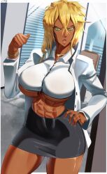 Rule 34 | 1girl, 2023, abs, absurdres, black skirt, bleach, blonde hair, border, breast tattoo, breasts, castell, collared shirt, commentary, contrapposto, cropped shirt, dark-skinned female, dark skin, english commentary, facial mark, fingernails, green eyes, hair between eyes, hand on own hip, hand up, highres, jacket, jewelry, large breasts, long hair, looking at viewer, miniskirt, navel, necklace, no bra, office lady, open mouth, pencil skirt, revealing clothes, shirt, signature, skirt, solo, tattoo, thighs, tier harribel, toned, underboob, watch, white border, white jacket, white shirt, wristwatch