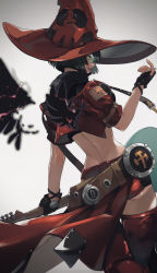 Rule 34 | 1girl, arc system works, belt, black hair, boots, cowboy shot, cropped jacket, electric guitar, fingerless gloves, from behind, gauss &lt;bokashi, glasses, gloves, green-tinted eyewear, green-tinted glasses, guilty gear, guitar, hand up, hat, highres, holding, holding instrument, i-no, instrument, jacket, open clothes, open jacket, open mouth, short hair, short shorts, shorts, solo, sunglasses, thigh boots, thighhighs, tinted eyewear, witch hat, yellow eyes