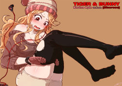 Rule 34 | 10s, 1girl, ass, bare shoulders, black thighhighs, blonde hair, blush, breasts, brown background, brown eyes, busanterious (dirty star), character name, cleavage, copyright name, earbuds, earphones, feet, gloves, hat, karina lyle, long hair, off shoulder, open mouth, red eyes, signature, simple background, skirt, solo, sweater, tears, thighhighs, tiger &amp; bunny, torn clothes, torn thighhighs, watch, wristwatch