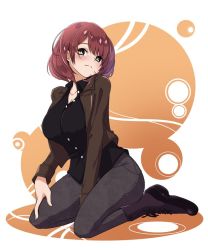 Rule 34 | 1girl, black footwear, black shirt, blush, boots, breasts, bright pupils, brown eyes, brown hair, brown jacket, collarbone, collared shirt, commentary, commission, english commentary, grey pants, hand on own leg, jacket, kamon rider, large breasts, leaning forward, original, pants, shirt, short hair, sitting, skeb commission, smile, solo, wariza, white pupils