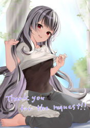 Rule 34 | 1girl, barefoot, black hair, blush, breasts, corruption, covered navel, dark persona, fire emblem, fire emblem engage, grey hair, grey pants, haru (nakajou-28), highres, long hair, looking at viewer, multicolored hair, nintendo, official alternate costume, official alternate eye color, pants, petite, red eyes, skin tight, small breasts, smile, solo, sweatpants, two-tone hair, very long hair, veyle (evil) (fire emblem), veyle (fire emblem), wavy hair