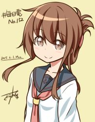Rule 34 | 1girl, blue sailor collar, blush, brown eyes, brown hair, closed mouth, folded ponytail, gurande (g-size), highres, inazuma (kancolle), kantai collection, long sleeves, looking at viewer, neckerchief, red neckerchief, sailor collar, shirt, signature, simple background, smile, solo, upper body, white shirt, yellow background