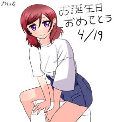 Rule 34 | 1girl, artist name, artist request, bare legs, blue pants, blue shorts, blush, breasts, commentary request, female focus, hair between eyes, looking at viewer, love live!, love live! school idol project, nishikino maki, pants, purple eyes, red hair, shirt, short hair, short sleeves, shorts, sitting, small breasts, solo, translated, translation request, white background, white shirt