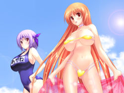Rule 34 | 2girls, :d, angry, ayane (doa), bandeau, bikini, blush, breasts, brown eyes, brown hair, choker, cleavage, clothes writing, cloud, day, dead or alive, frown, hand on own hip, headband, heart, holding, huge breasts, kasumi (doa), large breasts, long hair, looking at viewer, micro bikini, multiple girls, name tag, nanakorobi yaoki, navel, one-piece swimsuit, open mouth, orange eyes, orange hair, outdoors, purple hair, red eyes, sarong, school swimsuit, see-through, see-through sarong, short hair, siblings, sideboob, sisters, sky, smile, sun, swimsuit, tecmo, underboob, unworn sarong, very long hair, wallpaper