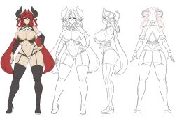 Rule 34 | 1girl, ascot, ass, black garter straps, black horns, black nails, black thighhighs, breasts, character design, character sheet, cleavage, commentary, contrapposto, demon girl, detached collar, detached sleeves, english commentary, eu03, flat color, full body, garter straps, hair intakes, highres, horn ornament, horn ring, horns, huge breasts, lineart, long hair, multi-strapped panties, navel, original, purple eyes, revealing clothes, solo, thighhighs, tsunoko, twintails, underbust, very long hair, white ascot, wide hips