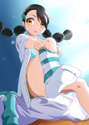 Rule 34 | 1girl, absurdres, black hair, blush, bra, breasts, brown eyes, candice (pokemon), creatures (company), feet, game freak, hair ornament, hairclip, highres, long hair, looking at viewer, multi-tied hair, negimiso1989, nintendo, open mouth, pokemon, pokemon dppt, shirt, skirt, socks, solo, striped clothes, striped legwear, striped socks, sweater, twintails, underwear