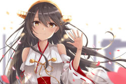 Rule 34 | 1girl, absurdres, bare shoulders, black hair, blurry, blurry background, blush, breasts, brown eyes, closed mouth, depth of field, detached sleeves, eyes visible through hair, floating hair, gensoukitan, hair between eyes, hair ornament, hairband, hairclip, hand up, haruna (kancolle), headgear, highres, japanese clothes, jewelry, kantai collection, large breasts, long hair, looking at viewer, nontraditional miko, petals, ring, sidelocks, smile, solo, wedding band, wind