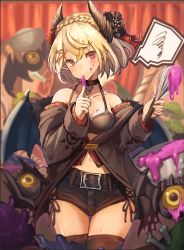 Rule 34 | 1girl, bare shoulders, belt, black bra, black coat, black shorts, blonde hair, blurry, bra, braid, breasts, brown thighhighs, choker, coat, collarbone, commentary request, cowboy shot, depth of field, french braid, hair ornament, halterneck, highres, holding, horns, licking, licking finger, looking at viewer, medium breasts, micro shorts, midriff, navel, off shoulder, original, pointy ears, red eyes, short hair, shorts, solo, spoken squiggle, squiggle, thighhighs, thighs, tongue, tongue out, underwear, whisk, wings, yu ni t
