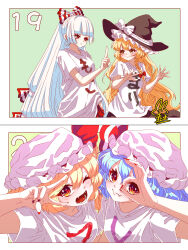 Rule 34 | 4girls, absurdres, alternate costume, aqua hair, black headwear, black skirt, blonde hair, blunt bangs, blush, border, bow, braid, clothes writing, fang, fangs, flandre scarlet, frilled hat, frills, fujiwara no mokou, green background, hair bow, hand in pocket, hands up, hat, hat bow, hat ribbon, highres, kirisame marisa, light green background, long hair, looking at another, looking at viewer, looking through fingers, mob cap, multiple girls, nail polish, numbered, one eye closed, open mouth, orange eyes, pointing, pointing up, red bow, red nails, red ribbon, remilia scarlet, ribbon, ribbon-trimmed headwear, ribbon trim, shirt, short hair, short sleeves, side ponytail, signature, single braid, skirt, spread fingers, straight hair, teeth, tongue, touhou, two-tone background, two-tone bow, upper body, utyouten akako, v, wavy hair, white border, white bow, white hair, white headwear, white ribbon, white shirt, witch hat, yellow eyes