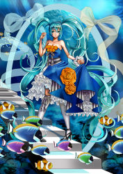Rule 34 | 1girl, aqua eyes, aqua hair, bad id, bad pixiv id, bare arms, bare shoulders, black footwear, blue bow, blue dress, blue ribbon, bow, coral reef, dress, fish, flower, green bow, green ribbon, grey thighhighs, hatsune miku, high heels, highres, long hair, matsumoto (sawa), orange flower, orange rose, parted lips, ribbon, rose, solo, stairs, strapless, strapless dress, striped, thighhighs, twintails, underwater, vertical stripes, vocaloid