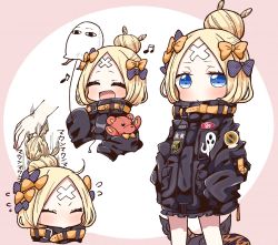 Rule 34 | 1girl, :d, abigail williams (fate), abigail williams (traveling outfit) (fate), absurdres, animal print, bandaid, bandaid on face, bandaid on forehead, black bow, black jacket, blonde hair, blue eyes, bow, bug, butterfly, closed eyes, closed mouth, commentary request, facing viewer, fate/grand order, fate (series), hair bow, hair bun, highres, insect, jacket, jako (jakoo21), long hair, long sleeves, looking at viewer, medjed (fate), multiple hair bows, multiple views, hugging object, official alternate costume, open mouth, orange bow, parted bangs, polka dot, polka dot bow, single hair bun, sleeves past fingers, sleeves past wrists, smile, stuffed animal, stuffed toy, suction cups, teddy bear, tentacles, tiger print, very long hair