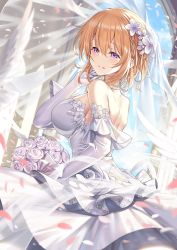 Rule 34 | 1girl, aged up, alternate breast size, backless dress, backless outfit, bare back, bouquet, braid, breasts, bridal veil, bride, commentary, dress, elbow gloves, flower, from side, gloves, gochuumon wa usagi desu ka?, hair between eyes, hair flower, hair ornament, highres, holding, holding bouquet, hoto cocoa, ks (xephyrks), large breasts, looking at viewer, medium hair, orange hair, parted lips, petals, purple eyes, shoulder blades, side braid, single braid, smile, solo, strapless, veil, wedding dress, white dress, white flower, white gloves