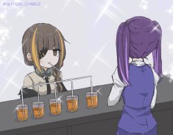 Rule 34 | 2girls, alcohol, black jacket, black necktie, blouse, braid, brown eyes, brown hair, brown shirt, collared shirt, cup, drinking glass, drinking straw, eyepatch, girls&#039; frontline, headphones, headphones around neck, jacket, jill stingray, long hair, m16a1 (girls&#039; frontline), mole, mole under eye, multicolored hair, multiple girls, necktie, orange hair, purple hair, purple vest, scar, scar on face, shadow71580825, shirt, streaked hair, sweat, twintails, va-11 hall-a, vest, white shirt