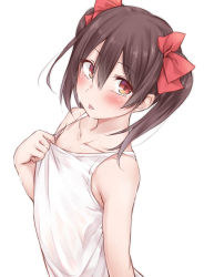 Rule 34 | 1girl, absurdres, bare arms, bare shoulders, black hair, blush, bow, brown eyes, camisole, closed mouth, collarbone, commentary request, hair between eyes, hair bow, highres, hitotsuki no yagi, long hair, looking at viewer, love live!, love live! school idol project, red bow, simple background, solo, sweat, tongue, tongue out, twintails, upper body, white background, white camisole, yazawa nico