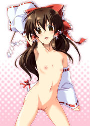 Rule 34 | 1girl, arm up, armpits, bad id, bad pixiv id, blush, bow, brown eyes, brown hair, censored, detached sleeves, fake censor, female focus, flat chest, gohei, hair bow, hakurei reimu, has uncensored version, japanese clothes, long hair, miko, navel, nipples, nude, onemu, pointless censoring, pussy, solo, touhou