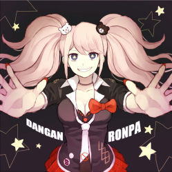 Rule 34 | 10s, 1girl, bad id, bad pixiv id, blue eyes, bow, breasts, cleavage, danganronpa (series), danganronpa: trigger happy havoc, enoshima junko, grin, hair ornament, long hair, makura (sheepstar49), medium breasts, nail polish, necktie, outstretched arms, pink hair, skirt, sleeves rolled up, smile, solo, spoilers, star-shaped pupils, star (symbol), symbol-shaped pupils, twintails