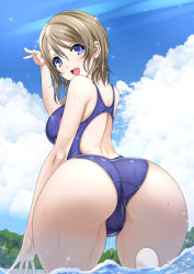 Rule 34 | 1girl, :d, ass, back, bare shoulders, blue eyes, blue one-piece swimsuit, blush, breasts, brown hair, cloud, competition swimsuit, day, from behind, large breasts, looking at viewer, looking back, love live!, love live! sunshine!!, medium hair, mitarashi kousei, one-piece swimsuit, open mouth, signature, sky, smile, solo, sparkle, swept bangs, swimsuit, wading, watanabe you, water, wet