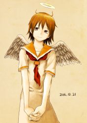 Rule 34 | 1girl, angel wings, brown eyes, brown hair, dated, dress, feathered wings, grey wings, haibane renmei, halo, limited palette, looking at viewer, neckerchief, orange sailor collar, own hands together, rakka (haibane), red neckerchief, sailor collar, short hair, short sleeves, simple background, smile, solo, static cling, tan background, white dress, wings, yasu (shijimi 8)