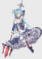 Rule 34 | 1girl, :d, apron, arm behind head, arm up, armpits, azur lane, bare shoulders, blue bow, blue bowtie, blue dress, blue hair, blush, boots, bow, bowtie, breasts, brooch, buttons, cleavage, collarbone, detached collar, detached sleeves, dress, frilled apron, frilled dress, frills, full body, grey background, hair ornament, highres, holding, holding weapon, jewelry, juliet sleeves, large breasts, leg up, long hair, long sleeves, looking at viewer, madotsukumo, maid, maid apron, maid headdress, mast, neptune (azur lane), open mouth, polearm, puffy sleeves, rudder footwear, sidelocks, simple background, smile, solo, striped bow, striped bowtie, striped clothes, striped neckwear, trident, two side up, underbust, weapon, white apron, white legwear, yellow eyes
