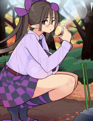 Rule 34 | 1girl, :t, autumn leaves, bare tree, belt, black bow, black bowtie, black skirt, black socks, blush, bow, bowtie, breasts, brown belt, brown hair, bush, checkered clothes, checkered skirt, collared shirt, commentary request, cross-laced footwear, eating, expressionless, food, forest, from side, geta, hair bow, hat, himekaidou hatate, himeshita johnny mafuyu, holding, holding food, huge breasts, kneehighs, long hair, long sleeves, looking at viewer, nature, outdoors, pointy ears, purple bow, purple eyes, purple hat, purple shirt, purple skirt, roasted sweet potato, shirt, skirt, socks, solo, squatting, steam, sweet potato, tilted headwear, tiptoes, tokin hat, tongs, touhou, tree, twintails