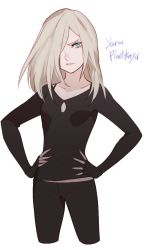Rule 34 | 10s, 1girl, androgynous, artist request, black gloves, blonde hair, breasts, character name, english text, eyelashes, fingerless gloves, genderswap, genderswap (mtf), gloves, green eyes, hair over one eye, hands on own hips, long hair, looking at viewer, serious, simple background, small breasts, solo, source request, standing, white background, yuri!!! on ice, yuri plisetsky