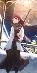 Rule 34 | 1girl, black scarf, black skirt, brown eyes, commentary, holding, holding umbrella, jacket, keis (locrian1357), lamppost, long hair, long skirt, long sleeves, looking at viewer, night, night sky, open clothes, open jacket, original, outdoors, parted lips, red hair, red sweater, scarf, skirt, sky, snow, solo, sweater, umbrella, white jacket, winter