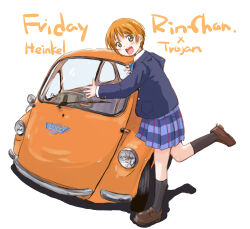 1girl black_socks blush bow bowtie brown_footwear car collared_shirt english_text green_eyes highres hoshizora_rin leg_up loafers love_live! love_live!_school_idol_project maruyo motor_vehicle open_mouth orange_hair otonokizaka_school_uniform pleated_skirt school_uniform shadow shirt shoes short_hair simple_background skirt smile socks standing standing_on_one_leg teeth upper_teeth_only white_background white_shirt