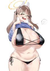 Rule 34 | 1boy, 1girl, absurdres, animal ears, areola slip, doodle sensei (blue archive), bikini, black bikini, blue archive, blue hoodie, breasts, brown hair, clothes lift, commentary request, drooling, fake animal ears, glasses, halo, highres, hood, hoodie, hoodie lift, huge breasts, long hair, moe (blue archive), moe (swimsuit) (blue archive), noe (ppppriver), open mouth, plump, rabbit ears, round eyewear, saliva, sensei (blue archive), side-tie bikini bottom, smile, solo focus, swimsuit, twintails, yellow eyes