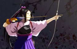 Rule 34 | 1girl, aiming, arrow (projectile), black hair, bow (weapon), female focus, gin (artist), gloves, inahime, japanese clothes, kimono, long hair, ponytail, purple eyes, sengoku musou, solo, weapon