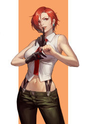 Rule 34 | 1girl, bare shoulders, blouse, blue eyes, breasts, collared shirt, gloves, looking at viewer, makeup, mature female, midriff, navel, necktie, orange background, pants, phamoz, red eyes, red hair, red necktie, shirt, short hair, sleeveless, sleeveless shirt, smile, solo, suspenders, the king of fighters, vanessa (kof), white background, white shirt